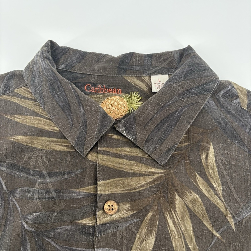 Caribbean Mens Large Silk Tropical Floral Hawaiian Shirt Short Sleeve Brown/Tan